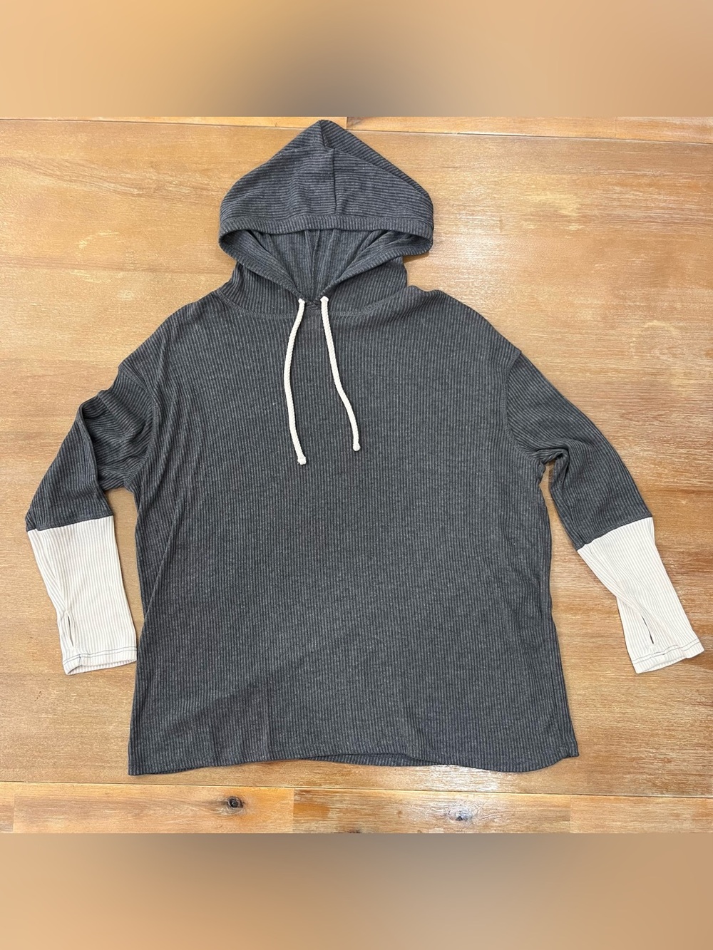 Cozy Ribbed Hooded Pullover - Gray with Cream Accents